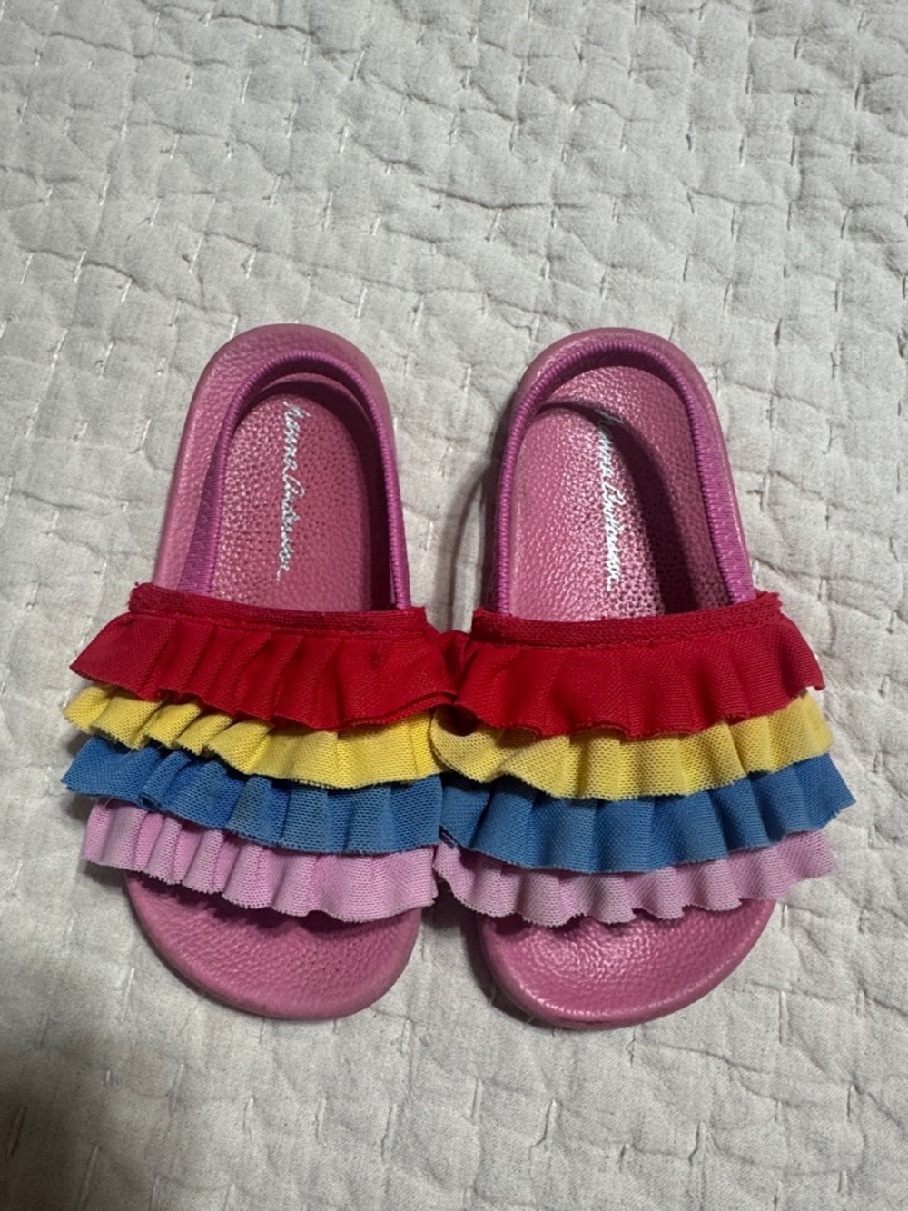 Hanna Andersson Pink Slide Sandals with Rainbow Ruffles